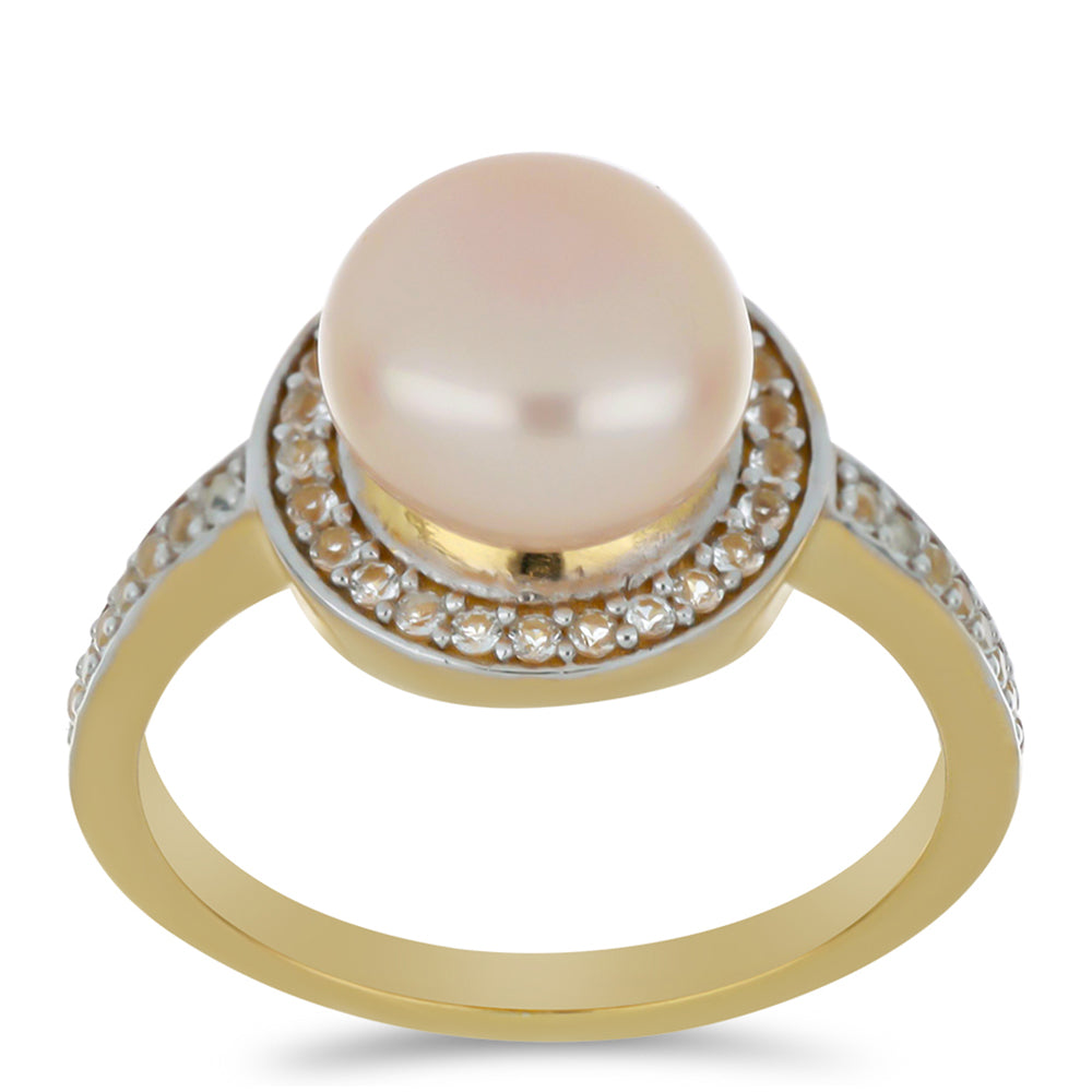 Pozlacený Stříbrný Prsten s Broskvovou Sladkovodní Perlou a Bílým Topazem 3 