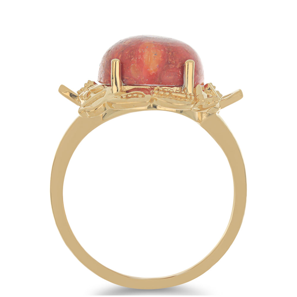 Pozlacené Stříbro 925/1000 - Prsten s Červeným Houbovým Korálem - Karátové číslo: 7.68. přibližná hmotnost: 7.33 gramů