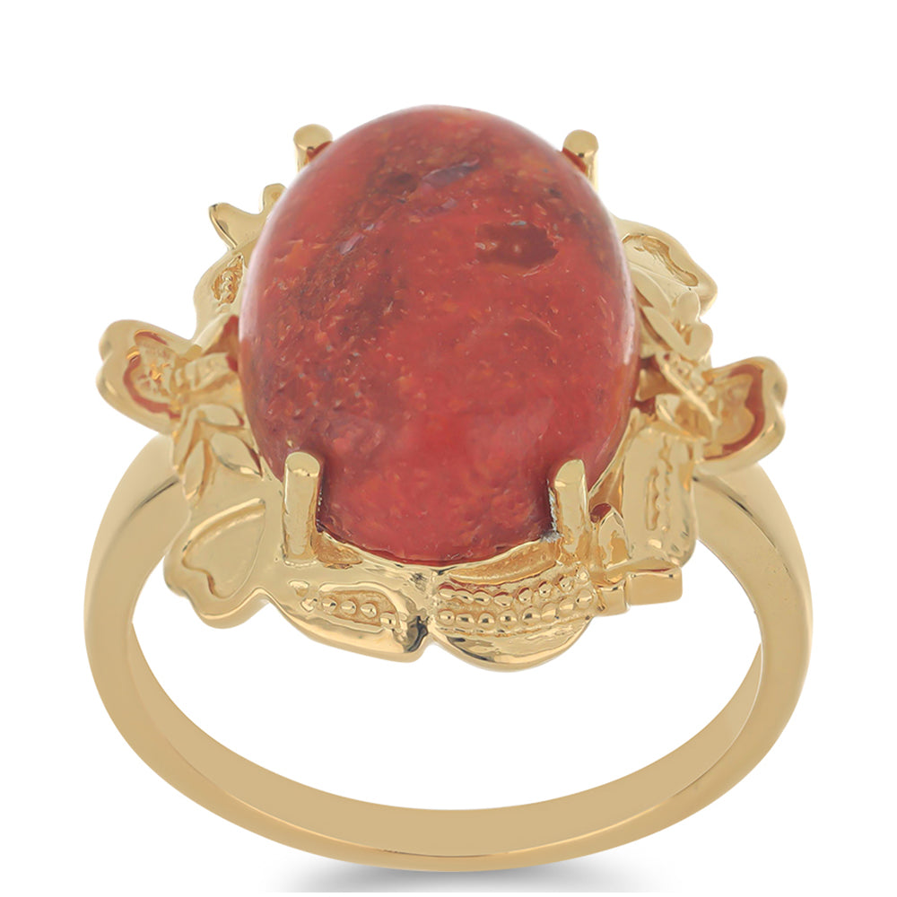 Pozlacené Stříbro 925/1000 - Prsten s Červeným Houbovým Korálem - Karátové číslo: 7.68. přibližná hmotnost: 7.33 gramů 3 