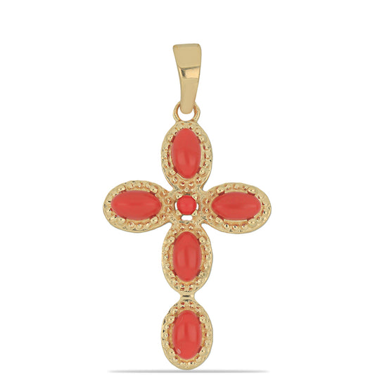 Kříž Pozlacený Stříbrný Přívěsek s Červeným Houbovým Korálem