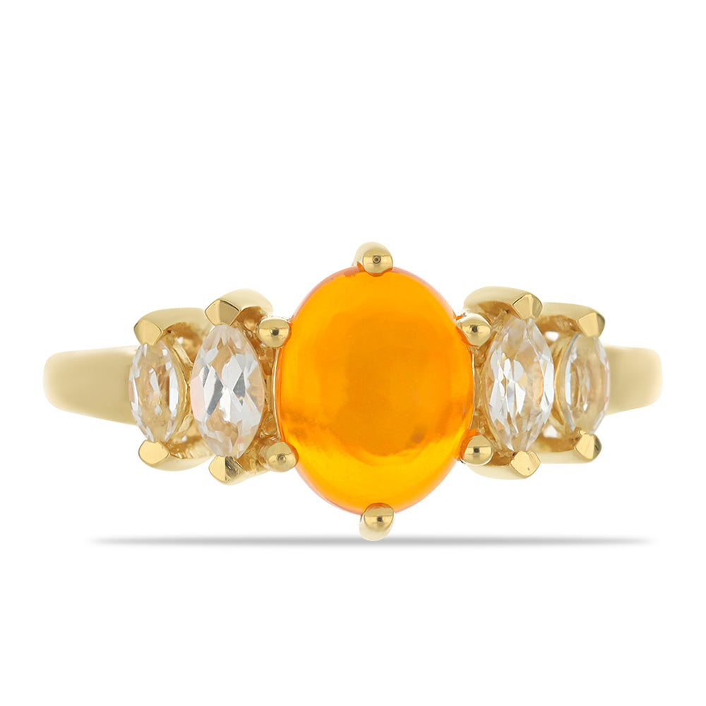 Pozlacené Stříbro 925/1000 - Prsten s Ohnivě Červeným Opálem z Lega Dembi a Bílým Topazem - Karátové číslo: 1.65. přibližná hmotnost: 3.47 gramů