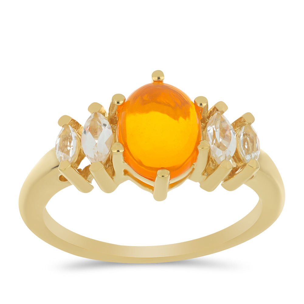 Pozlacené Stříbro 925/1000 - Prsten s Ohnivě Červeným Opálem z Lega Dembi a Bílým Topazem - Karátové číslo: 1.65. přibližná hmotnost: 3.47 gramů 3 