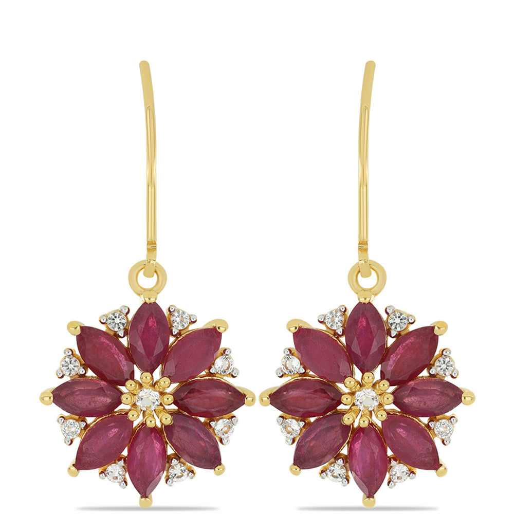 Pozlacené Stříbrné Náušnice s Madagaskarským Rubínem a Bílým Topazem