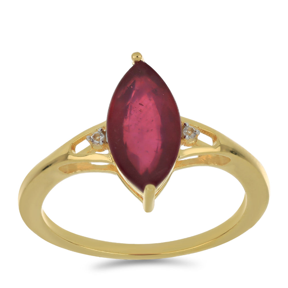 Pozlacené Stříbro 925/1000 - Prsten s Madagaskarským Rubínem a Bílým Topazem - Karátové číslo: 3.35. přibližná hmotnost: 3.23 gramů