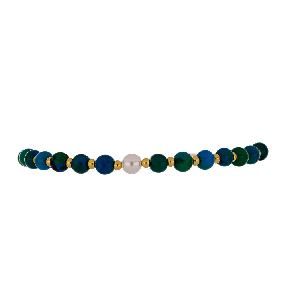 Pozlacené stříbro 925/1000 Náramek s Chryzokolem a Bílou Sladkovodní Perlou - Karátové číslo: 21.19. přibližná hmotnost: 6.83 gramů