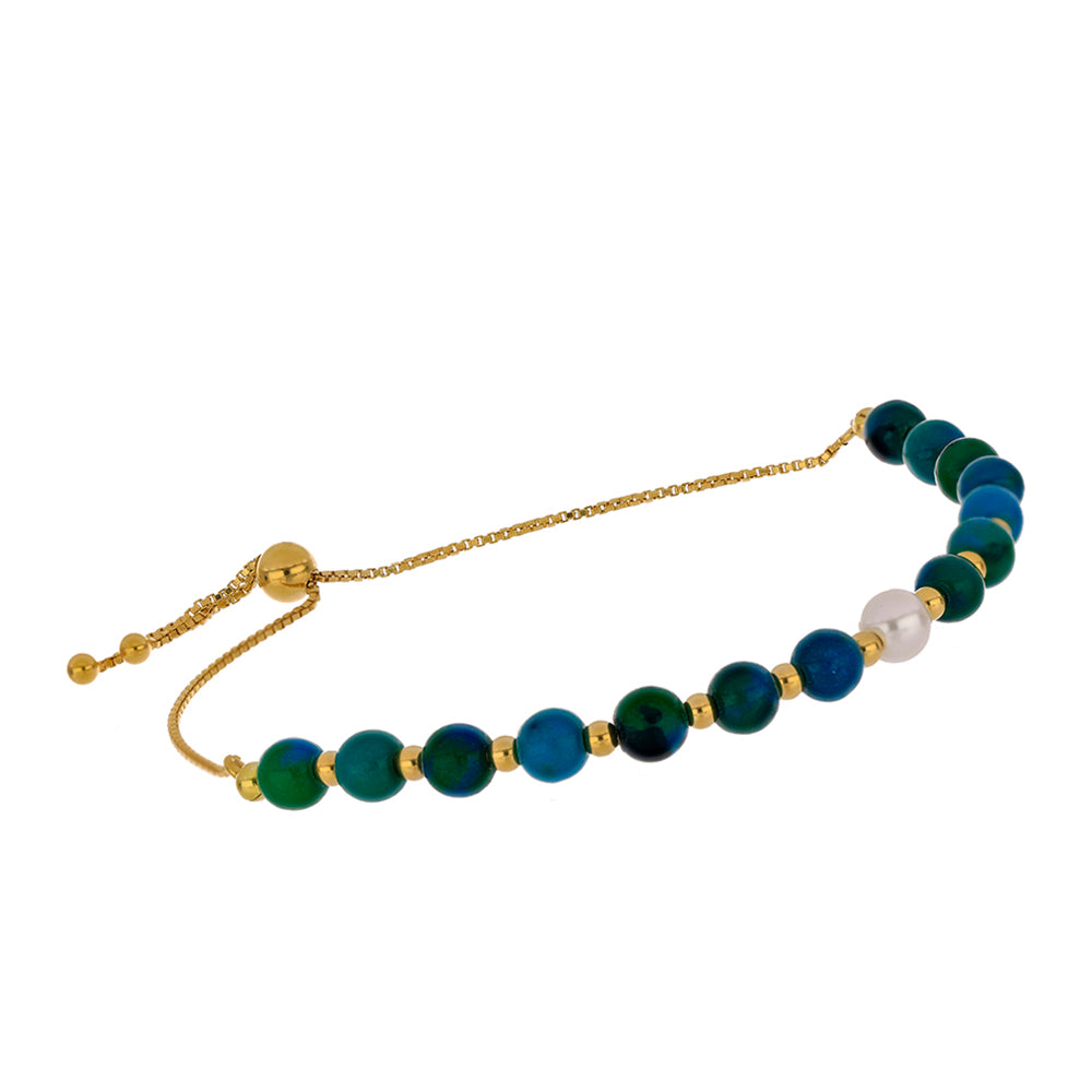 Pozlacené stříbro 925/1000 Náramek s Chryzokolem a Bílou Sladkovodní Perlou - Karátové číslo: 21.19. přibližná hmotnost: 6.83 gramů 1 