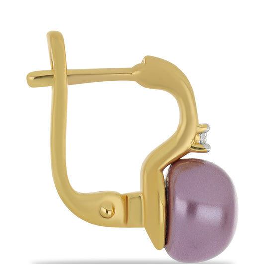 Pozlacené Stříbro 925/1000 - Náušnice s Fialová Sladkovodní Perlou a Bílým Topazem - Karátové číslo: 5.07. přibližná hmotnost: 3.64 gramů