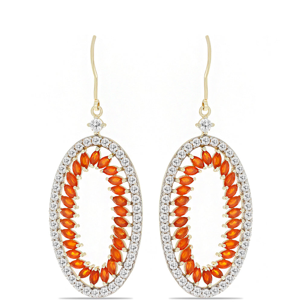 Pozlacené Stříbro 925/1000 - Náušnice s Karneolem a Bílým Topazem - Karátové číslo: 7.23. přibližná hmotnost: 8.59 gramů