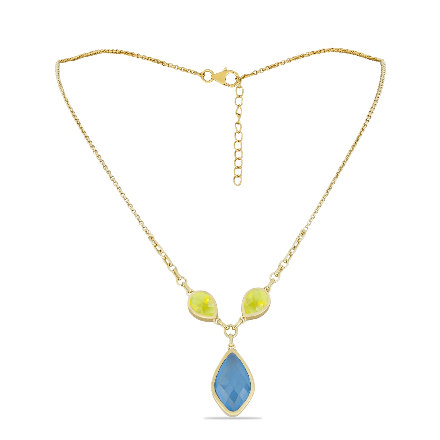 Pozlacené Stříbro 925/1000 - Náhrdelník s Citrónovým Chalcedonem a Modrým Chalcedonem - Karátové číslo: 10.04. přibližná hmotnost: 11.92 gramů