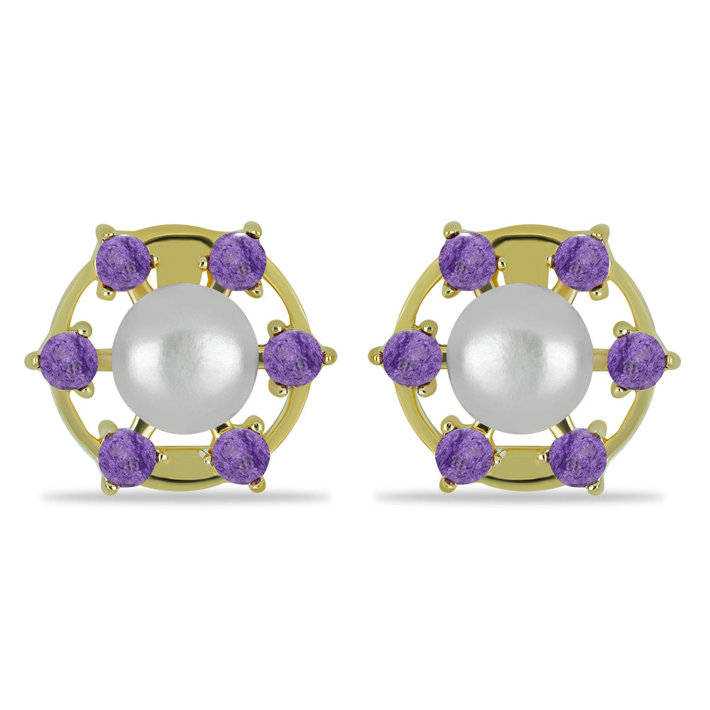 Pozlacené Stříbrné Náušnice s Čaroitem a Bílou Sladkovodní Perlou