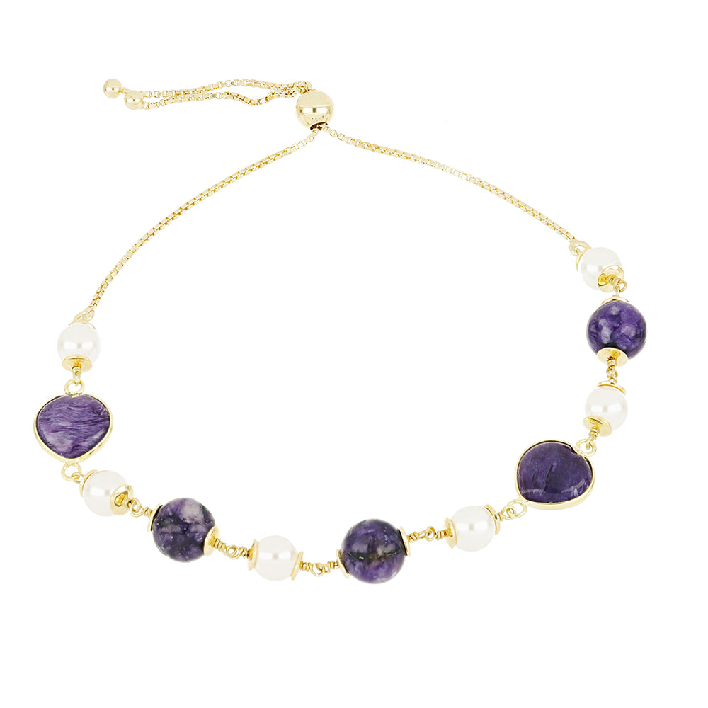 Pozlacený Stříbrný Náramek s Čaroitem a Bílou Sladkovodní Perlou