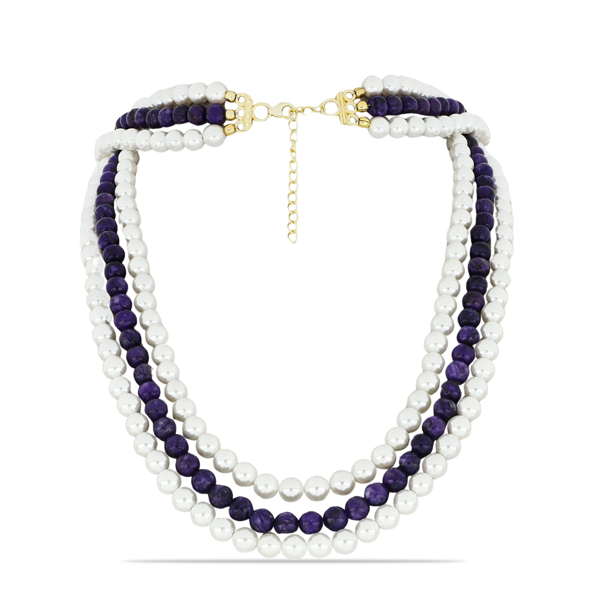 Pozlacené Stříbro 925/1000 - Náhrdelník s Čaroitem a Bílou Sladkovodní Perlou - Karátové číslo: 396.88. přibližná hmotnost: 82.23 gramů 1 