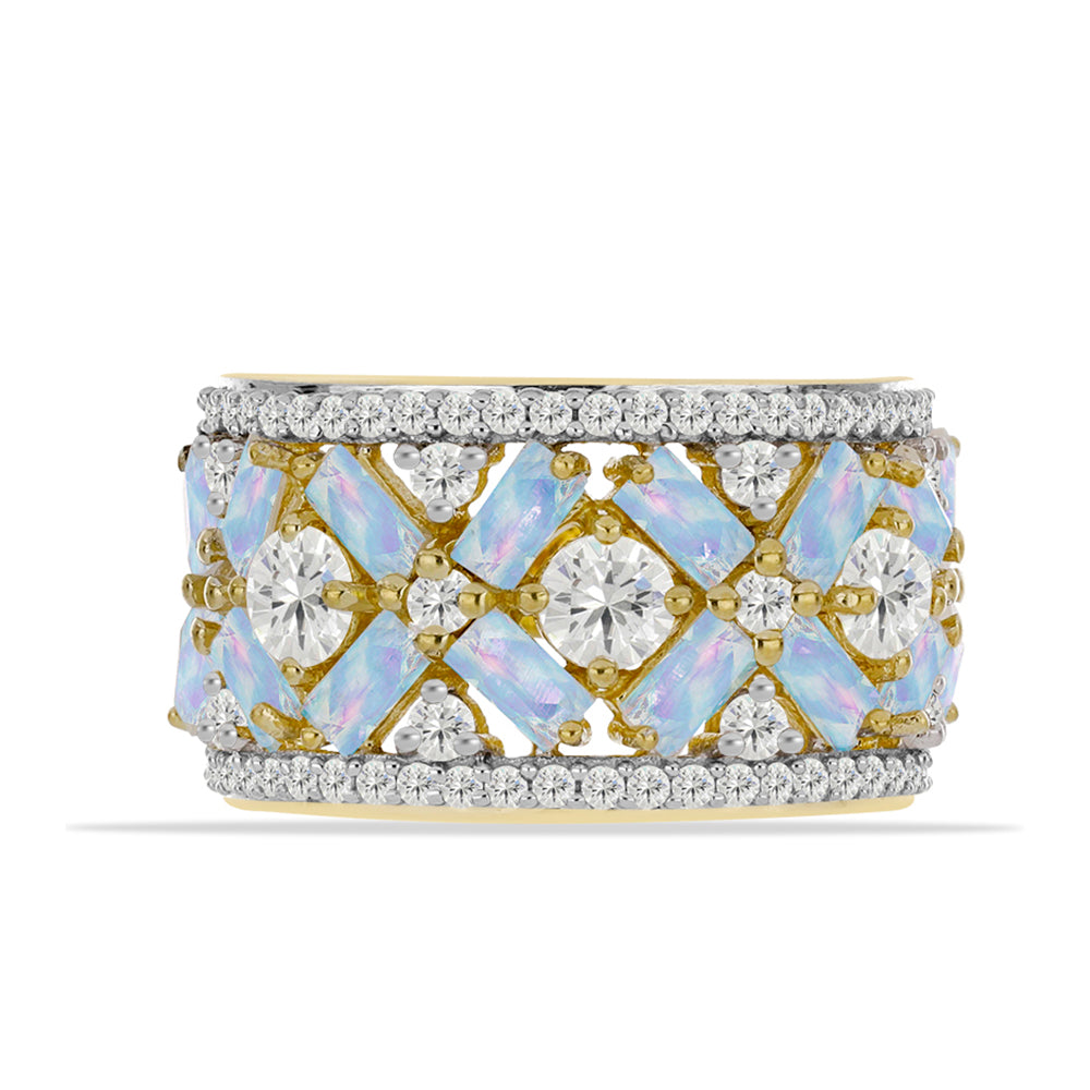 Pozlacený Stříbrný Prsten s Duhovým Měsíčním Kamenem a Bílým Topazem 1 