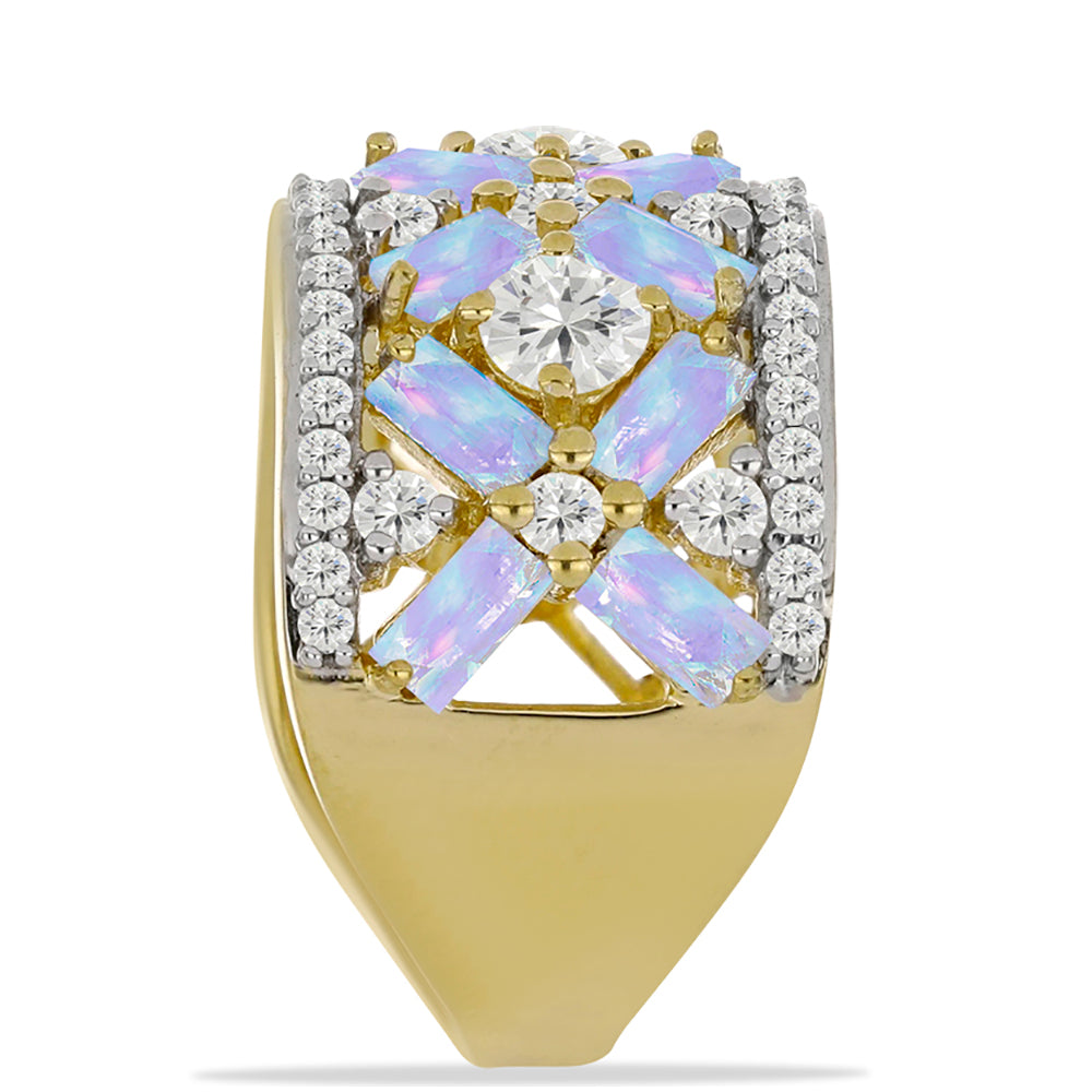 Pozlacený Stříbrný Prsten s Duhovým Měsíčním Kamenem a Bílým Topazem