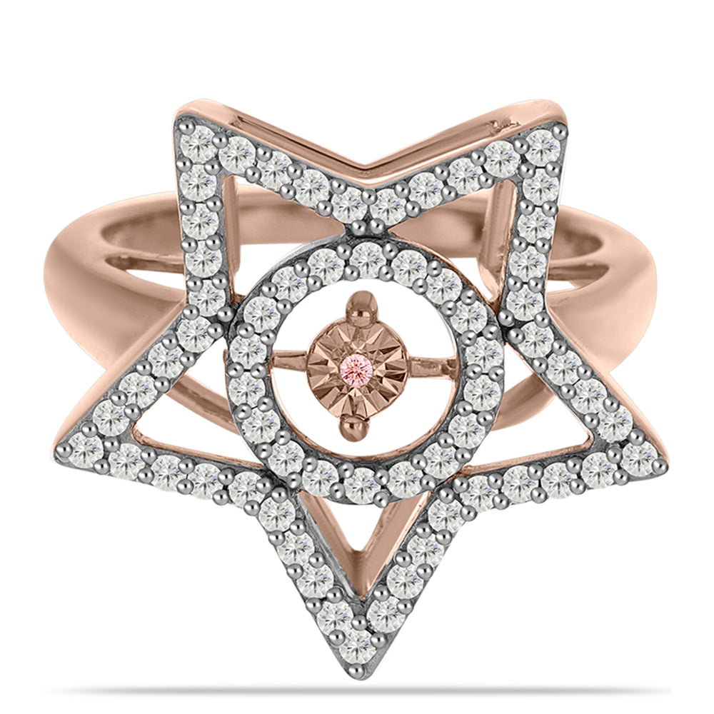 Růžově pozlacené Stříbro 925/1000 - Prsten s Růžový Tančící Diamantem a Bílým Topazem - Karátové číslo: 0.57. přibližná hmotnost: 4.76 gramů