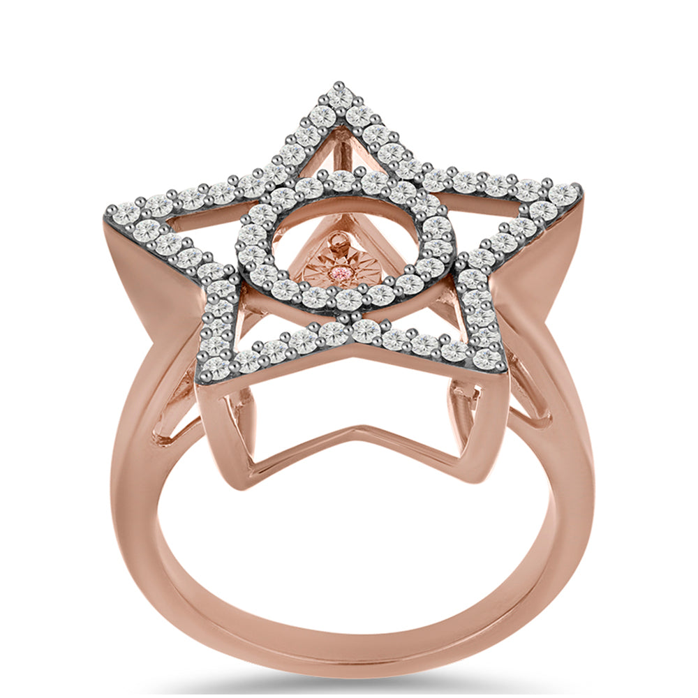 Růžově pozlacené Stříbro 925/1000 - Prsten s Růžový Tančící Diamantem a Bílým Topazem - Karátové číslo: 0.57. přibližná hmotnost: 4.76 gramů