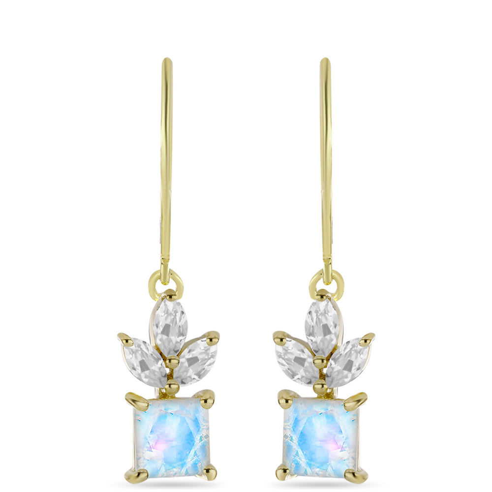 Pozlacené Stříbro 925/1000 - Náušnice s Duhovým Měsíčním Kamenem a Bílým Topazem - Karátové číslo: 3.12. přibližná hmotnost: 3.41 gramů