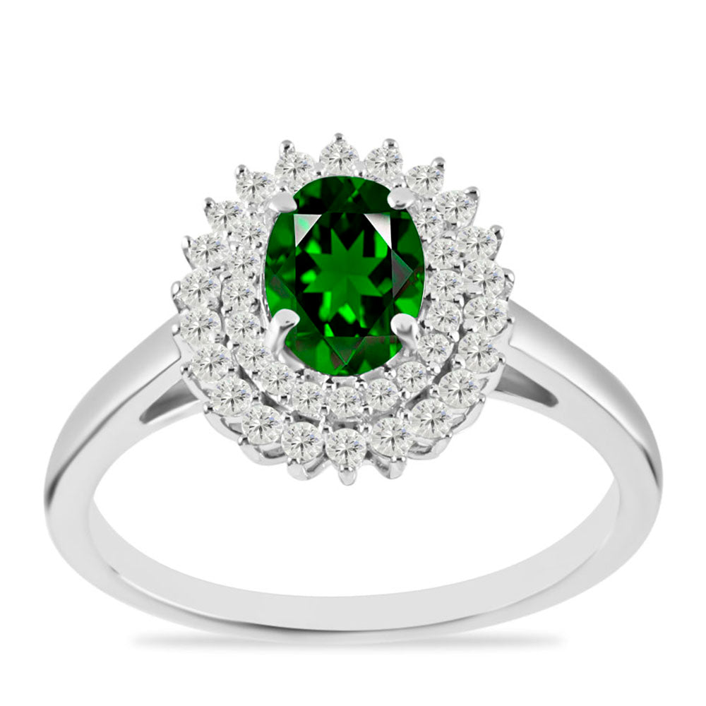 Stříbrný Prsten s Chromovým Diopsidem a Bílým Topazem