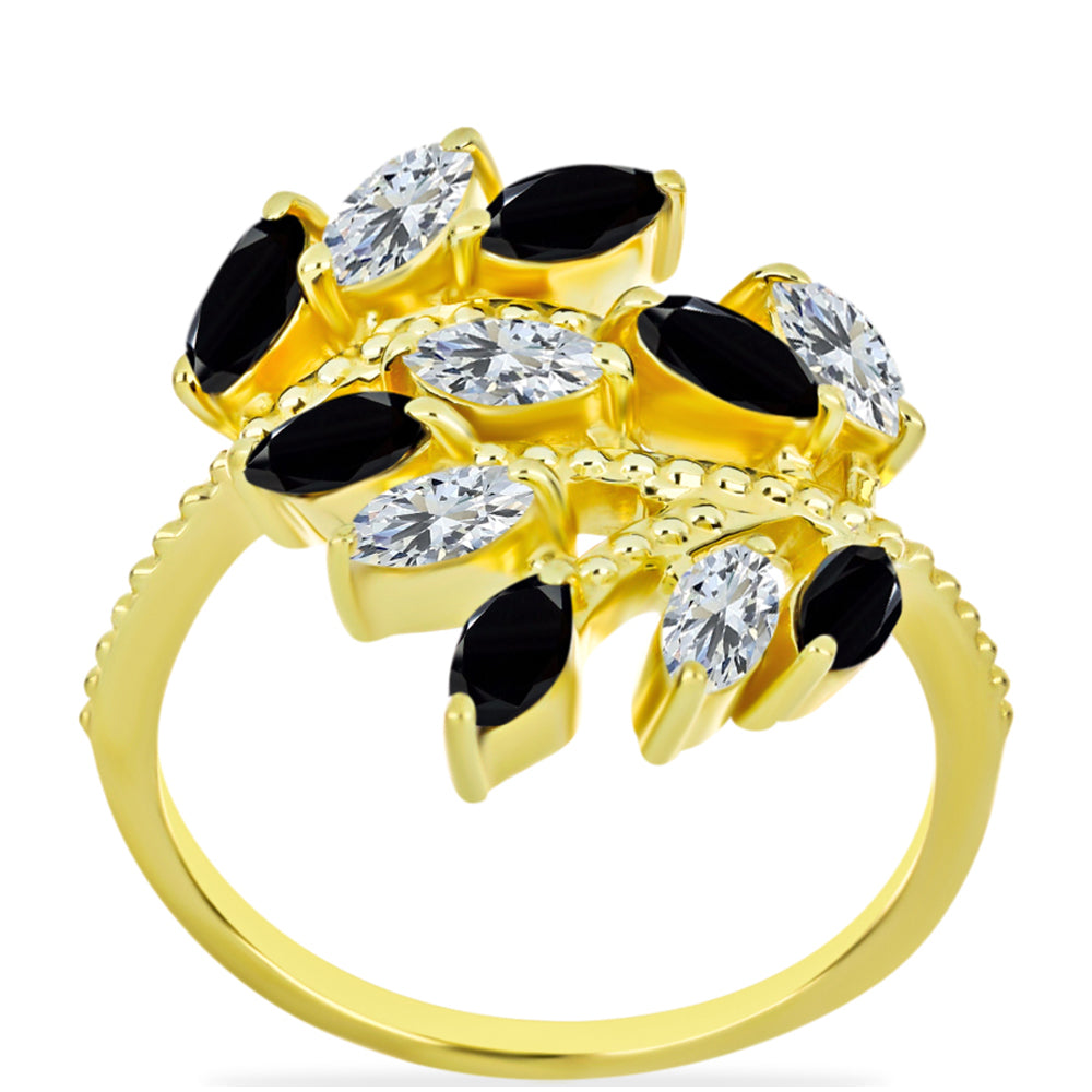 Pozlacený Stříbrný Prsten s Černým Onyxem a Bílým Topazem 3 