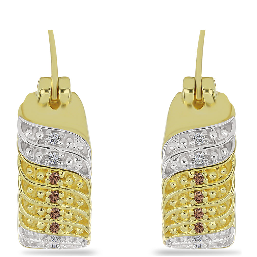 Pozlacené Stříbro 925/1000 - Náušnice s Champagne Diamantem a Bílým Diamantem - Karátové číslo: 0.1. přibližná hmotnost: 6.81 gramů 1 