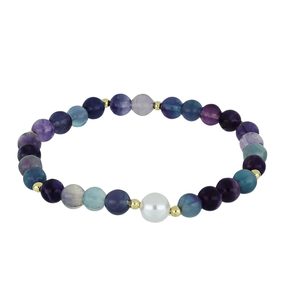 Pozlacené Stříbro 925/1000 - Náramek s Fluoritem a Bílou Sladkovodní Perlou - Karátové číslo: 67.38. přibližná hmotnost: 13.93 gramů 1 