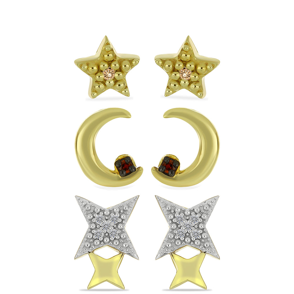 Pozlacené Stříbro 925/1000 - Sada s Champagne Diamantem a Bílým Diamantem - Karátové číslo: 0.09. přibližná hmotnost: 3.15 gramů ( Náušnice )