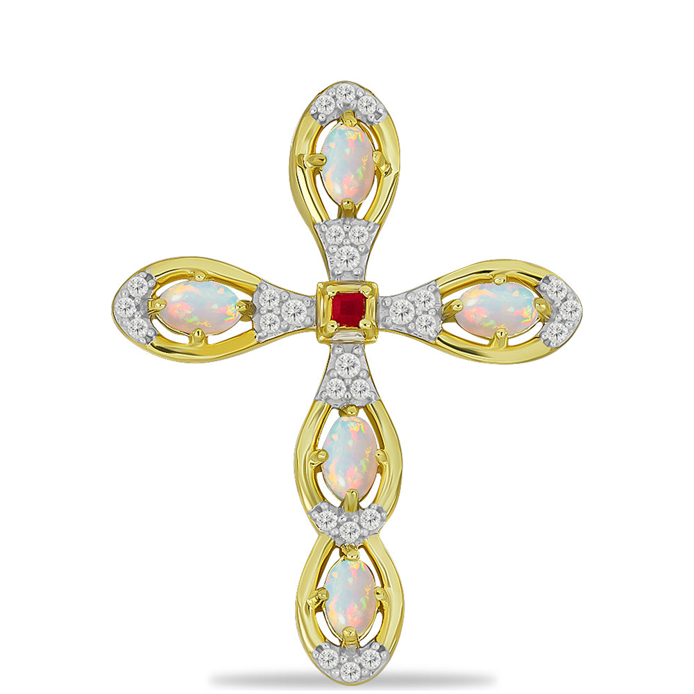 Kříž Pozlacený Stříbrný Přívěsek s Welo opálem a Madagaskarským Rubínem 1 
