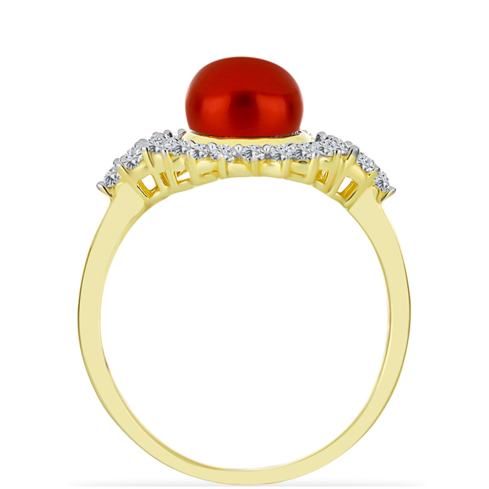 Pozlacené Stříbro 925/1000 - Prsten s Červená sladkovodní Perlou a Bílým Topazem - Karátové číslo: 3.07. přibližná hmotnost: 3.75 gramů