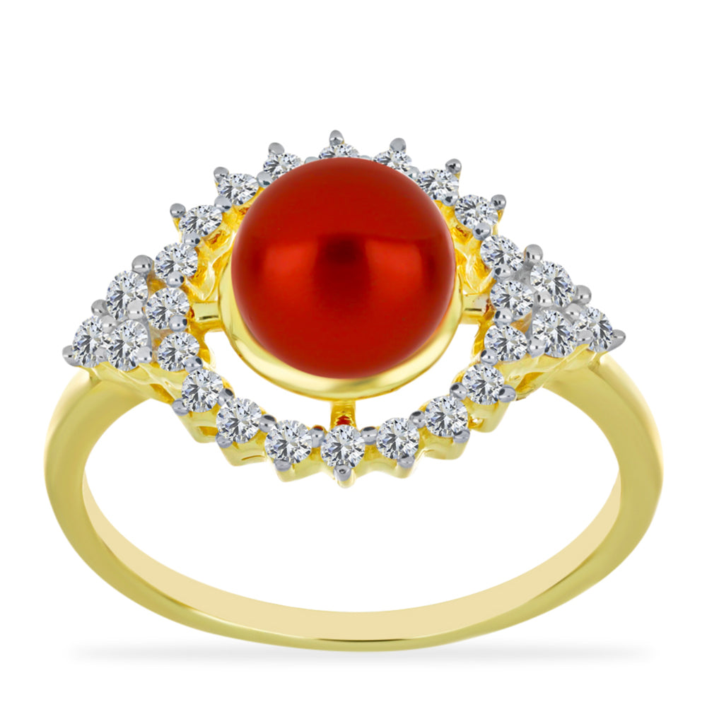 Pozlacené Stříbro 925/1000 - Prsten s Červená sladkovodní Perlou a Bílým Topazem - Karátové číslo: 3.07. přibližná hmotnost: 3.75 gramů 3 