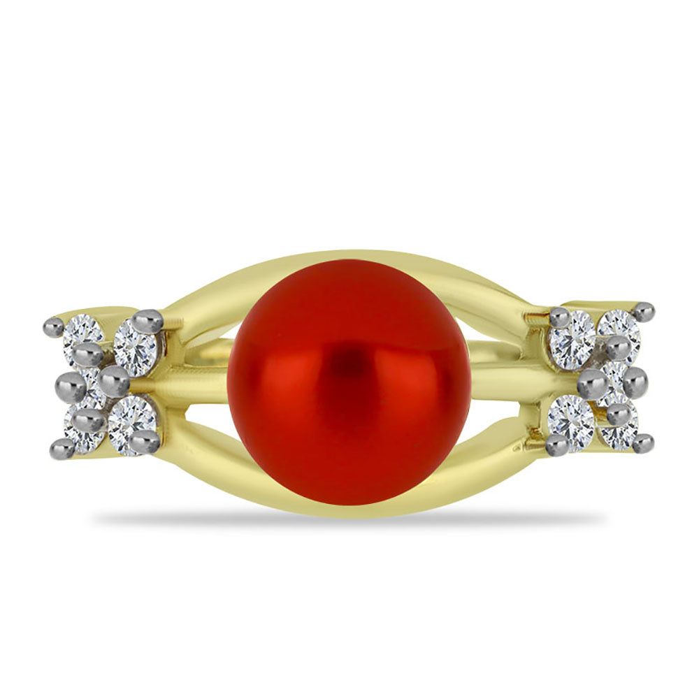 Pozlacené Stříbro 925/1000 - Prsten s Červená sladkovodní Perlou a Bílým Topazem - Karátové číslo: 2.9. přibližná hmotnost: 3.78 gramů