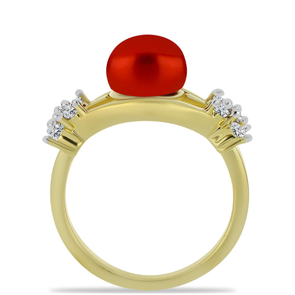Pozlacené Stříbro 925/1000 - Prsten s Červená sladkovodní Perlou a Bílým Topazem - Karátové číslo: 2.9. přibližná hmotnost: 3.78 gramů
