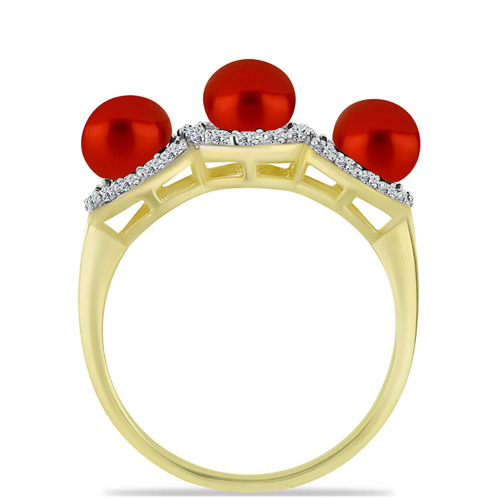 Pozlacené Stříbro 925/1000 - Prsten s Červená sladkovodní Perlou a Bílým Topazem - Karátové číslo: 3.93. přibližná hmotnost: 4.44 gramů