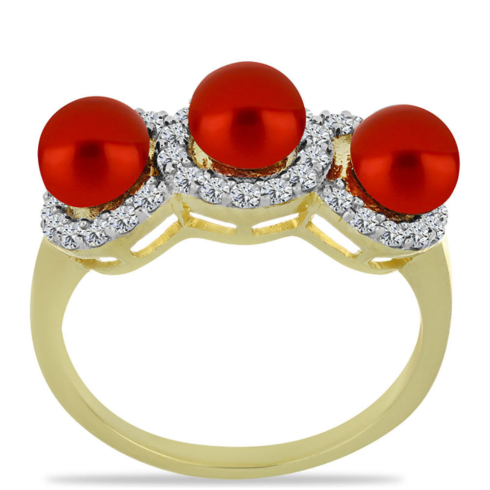 Pozlacené Stříbro 925/1000 - Prsten s Červená sladkovodní Perlou a Bílým Topazem - Karátové číslo: 3.93. přibližná hmotnost: 4.44 gramů