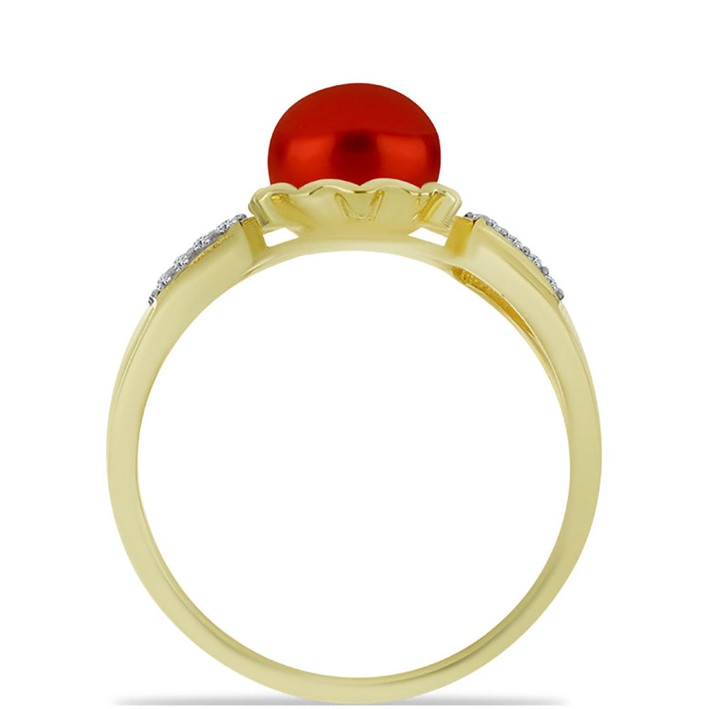 Pozlacené Stříbro 925/1000 - Prsten s Červená sladkovodní Perlou a Bílým Topazem - Karátové číslo: 2.68. přibližná hmotnost: 2.89 gramů 2 