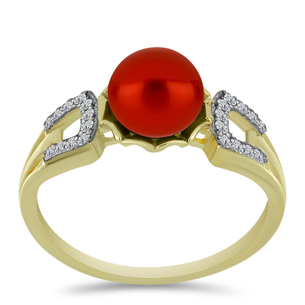 Pozlacené Stříbro 925/1000 - Prsten s Červená sladkovodní Perlou a Bílým Topazem - Karátové číslo: 2.68. přibližná hmotnost: 2.89 gramů 3 