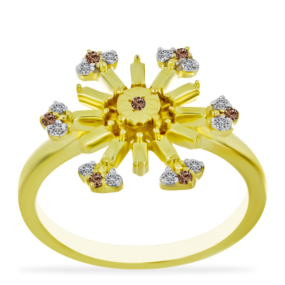 Pozlacené Stříbro 925/1000 - Prsten s Champagne Diamantem a Bílým Diamantem - Karátové číslo: 0.15. přibližná hmotnost: 3.73 gramů 3 