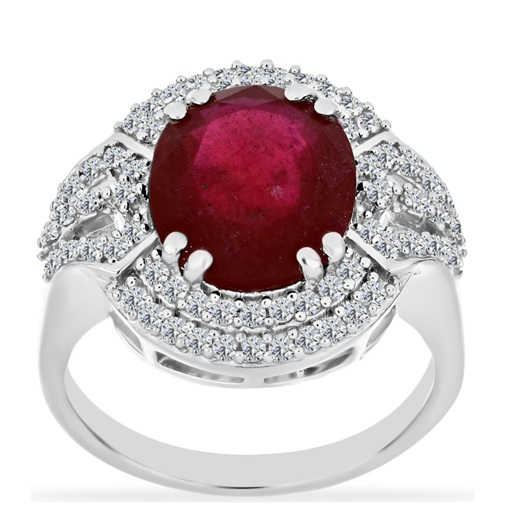 Stříbro 925/1000 - Prsten s Madagaskarským Rubínem a Bílým Diamantem - Karátové číslo: 6.91. přibližná hmotnost: 5.79 gramů