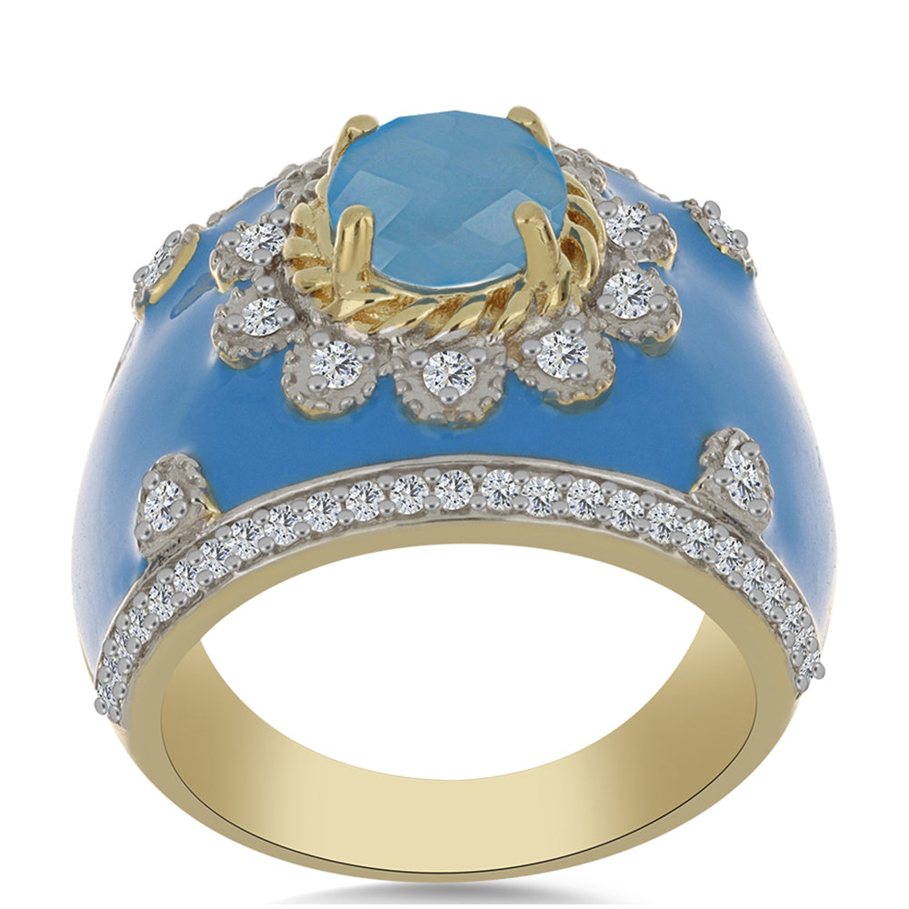 Pozlacený Stříbrný Prsten s Aqua Chalcedonem a Bílým Topazem