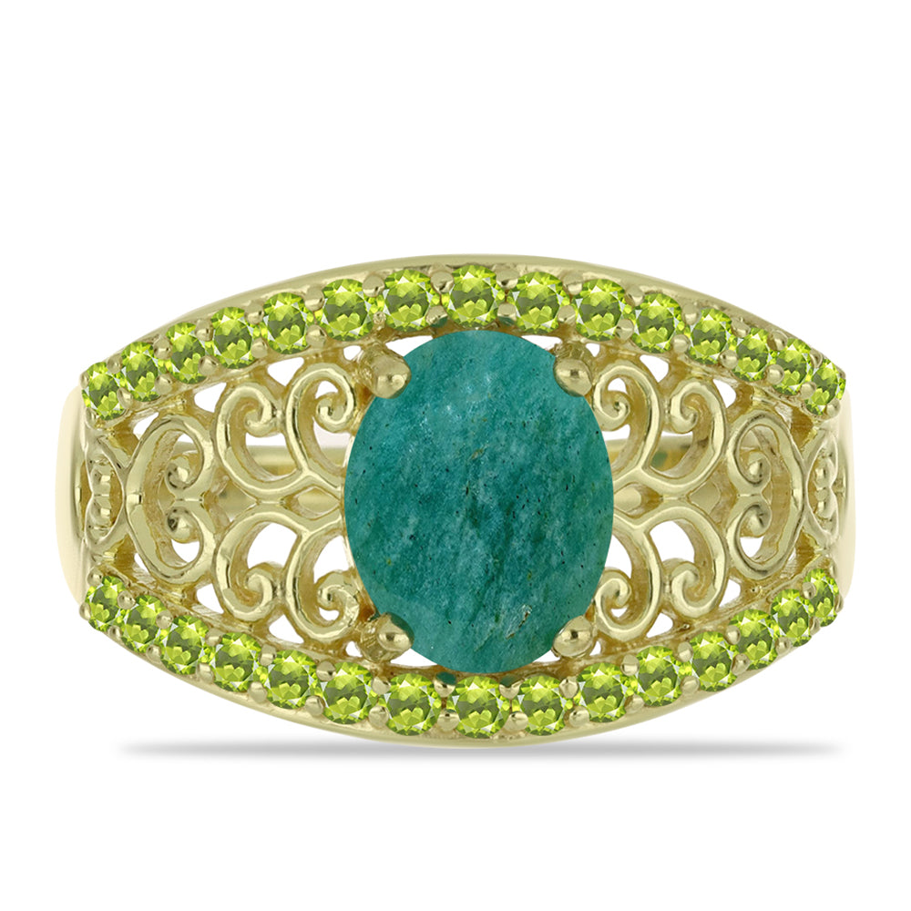 Pozlacené stříbro 925/1000 Prsten s Amazonitem a Čchang-pajským Peridotem - Karátové číslo: 2.3. přibližná hmotnost: 4.4 gramů 1 