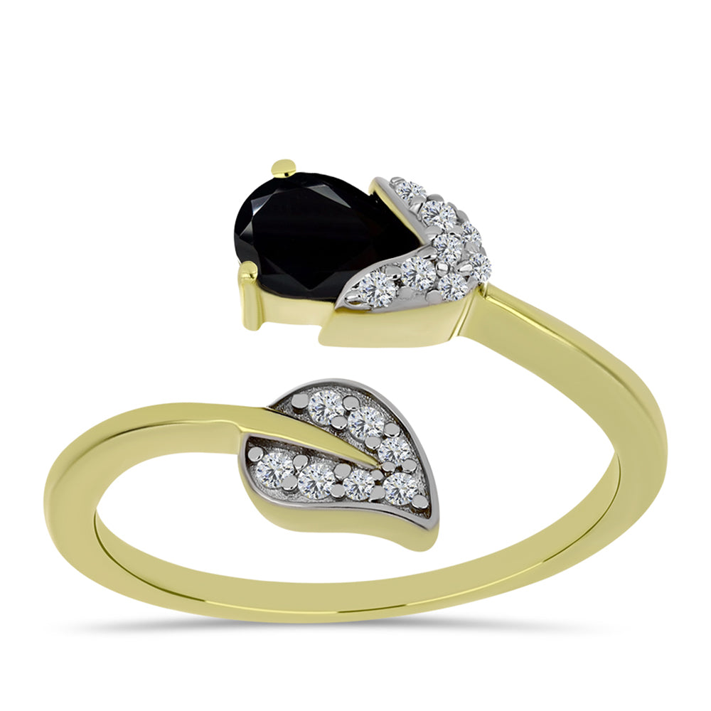 Pozlacené Stříbro 925/1000 - Prsten s Černým spinelem a Bílým Topazem - Karátové číslo: 0.79. přibližná hmotnost: 3.19 gramů