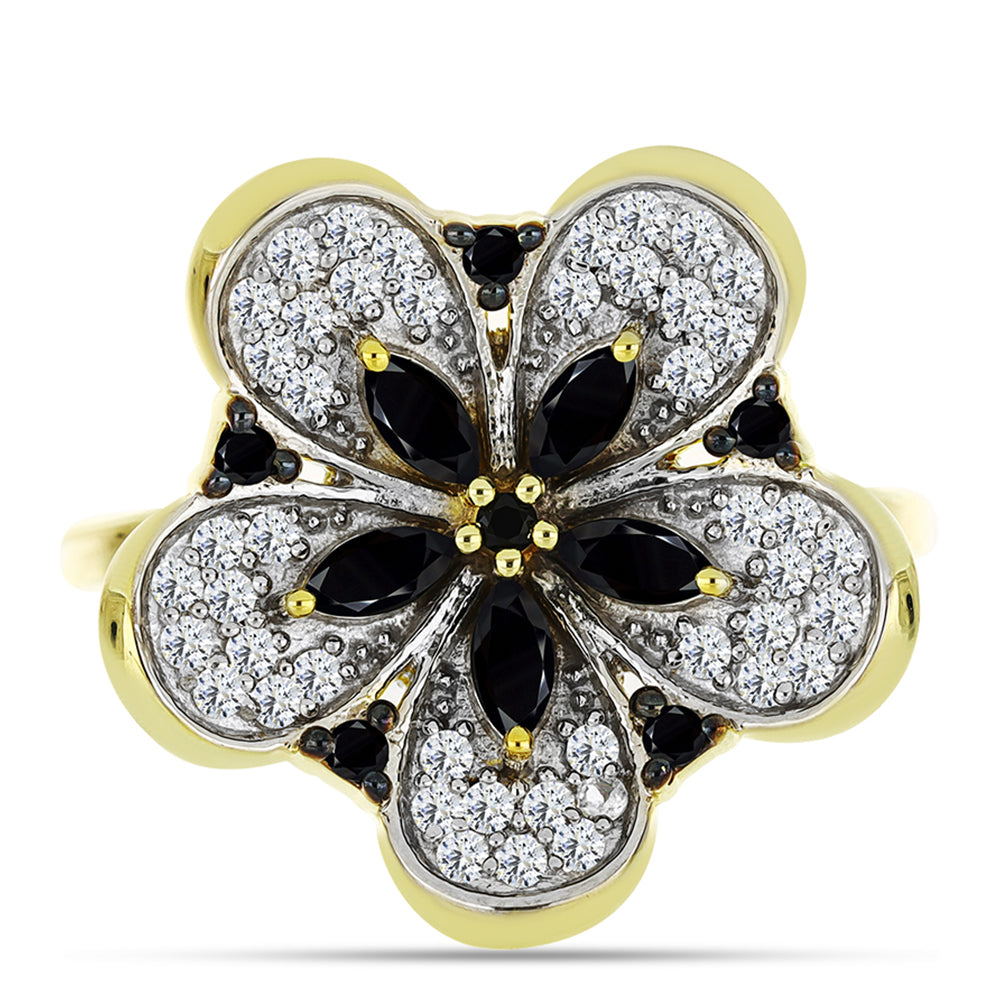 Pozlacené stříbro 925/1000 Prsten s Černým spinelem a Bílým Topazem - Karátové číslo: 0.91. přibližná hmotnost: 4.12 gramů 1 