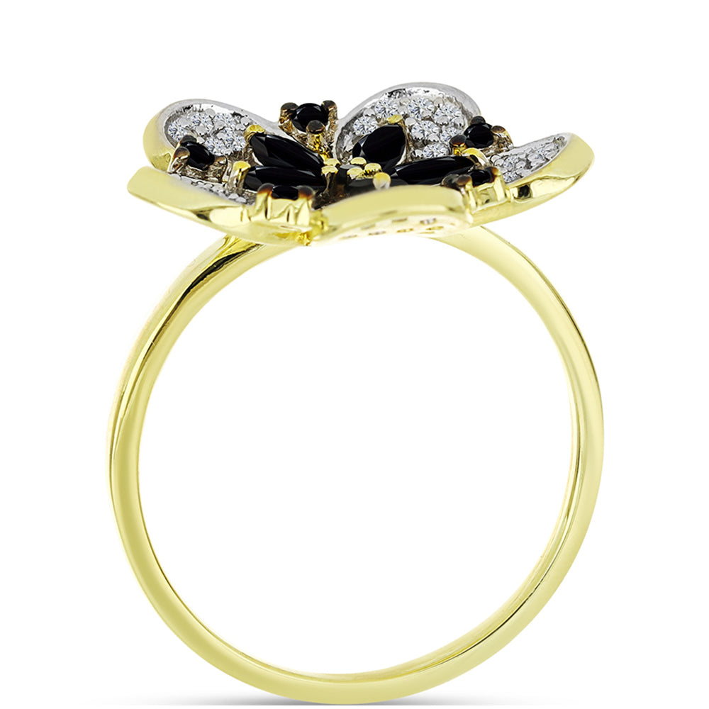 Pozlacené stříbro 925/1000 Prsten s Černým spinelem a Bílým Topazem - Karátové číslo: 0.91. přibližná hmotnost: 4.12 gramů 2 