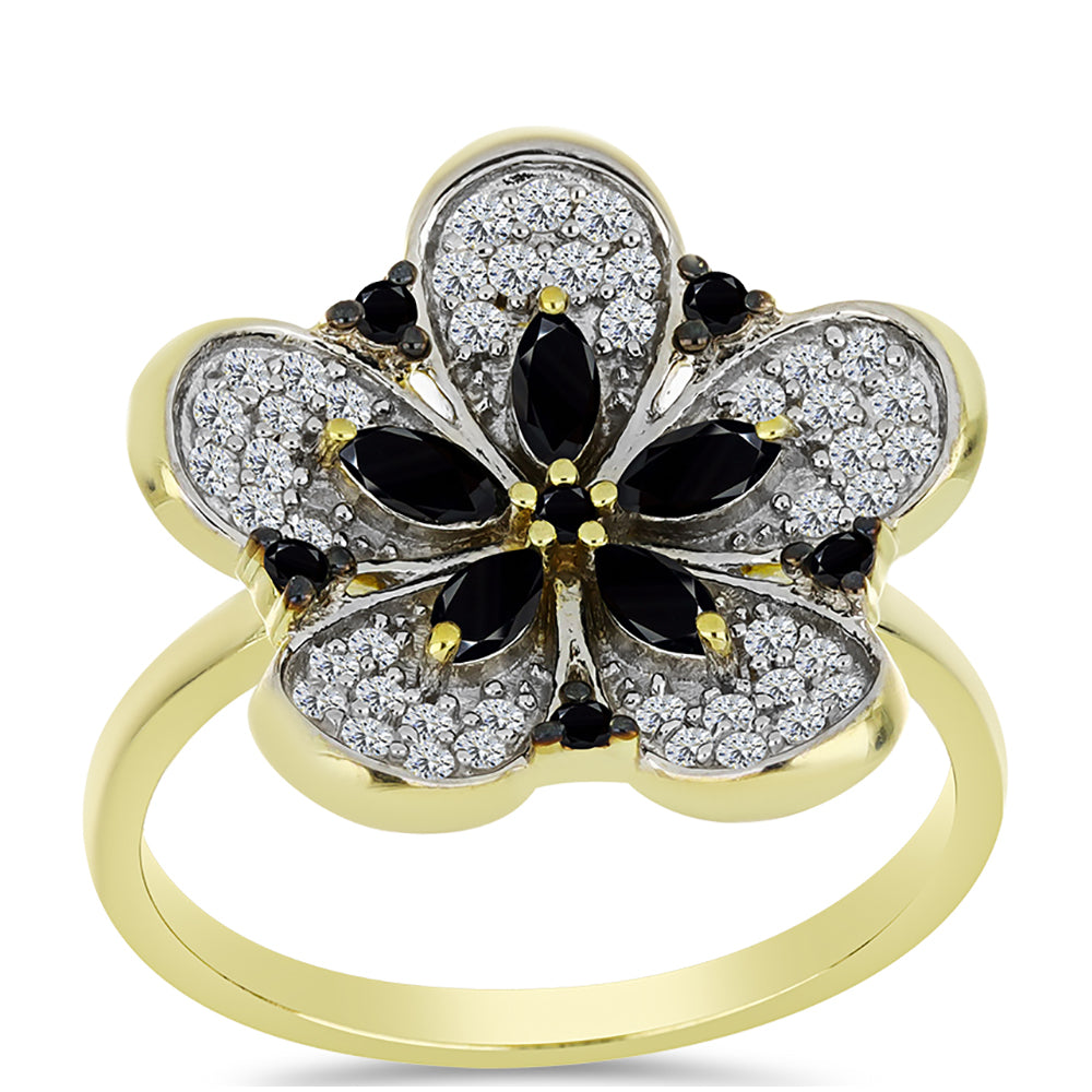 Pozlacené stříbro 925/1000 Prsten s Černým spinelem a Bílým Topazem - Karátové číslo: 0.91. přibližná hmotnost: 4.12 gramů 3 