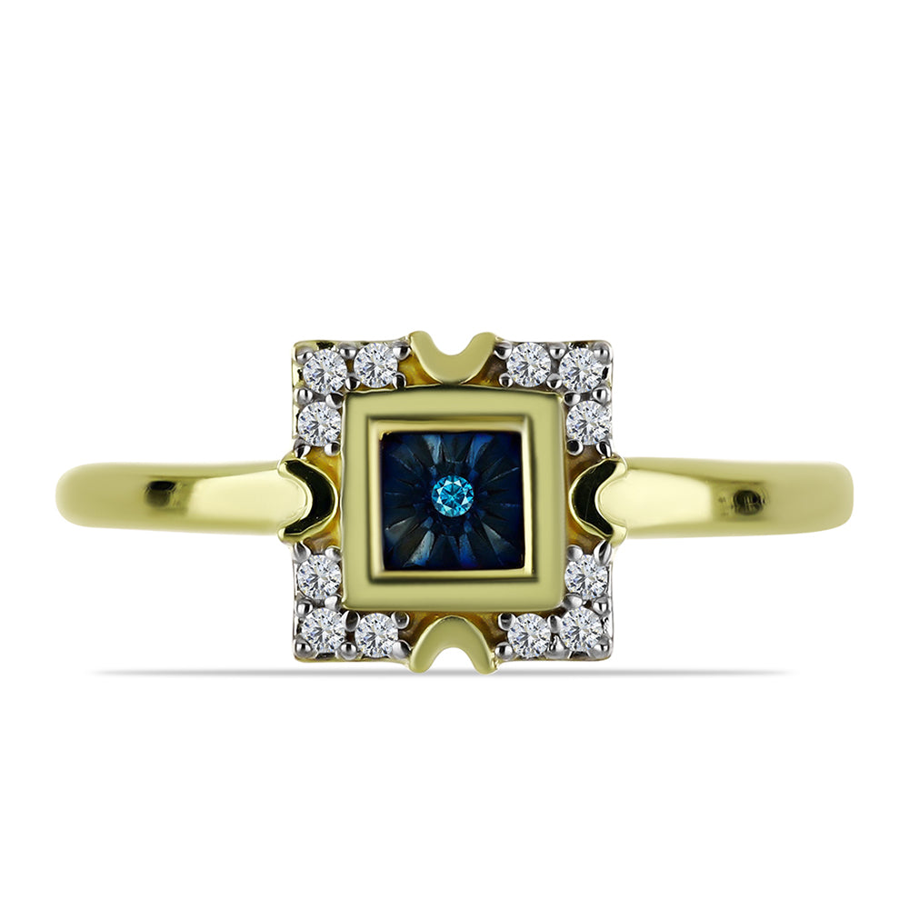 Pozlacené Stříbro 925/1000 - Prsten s Modrým Diamantem a Bílým Topazem - Karátové číslo: 0.12. přibližná hmotnost: 2.58 gramů