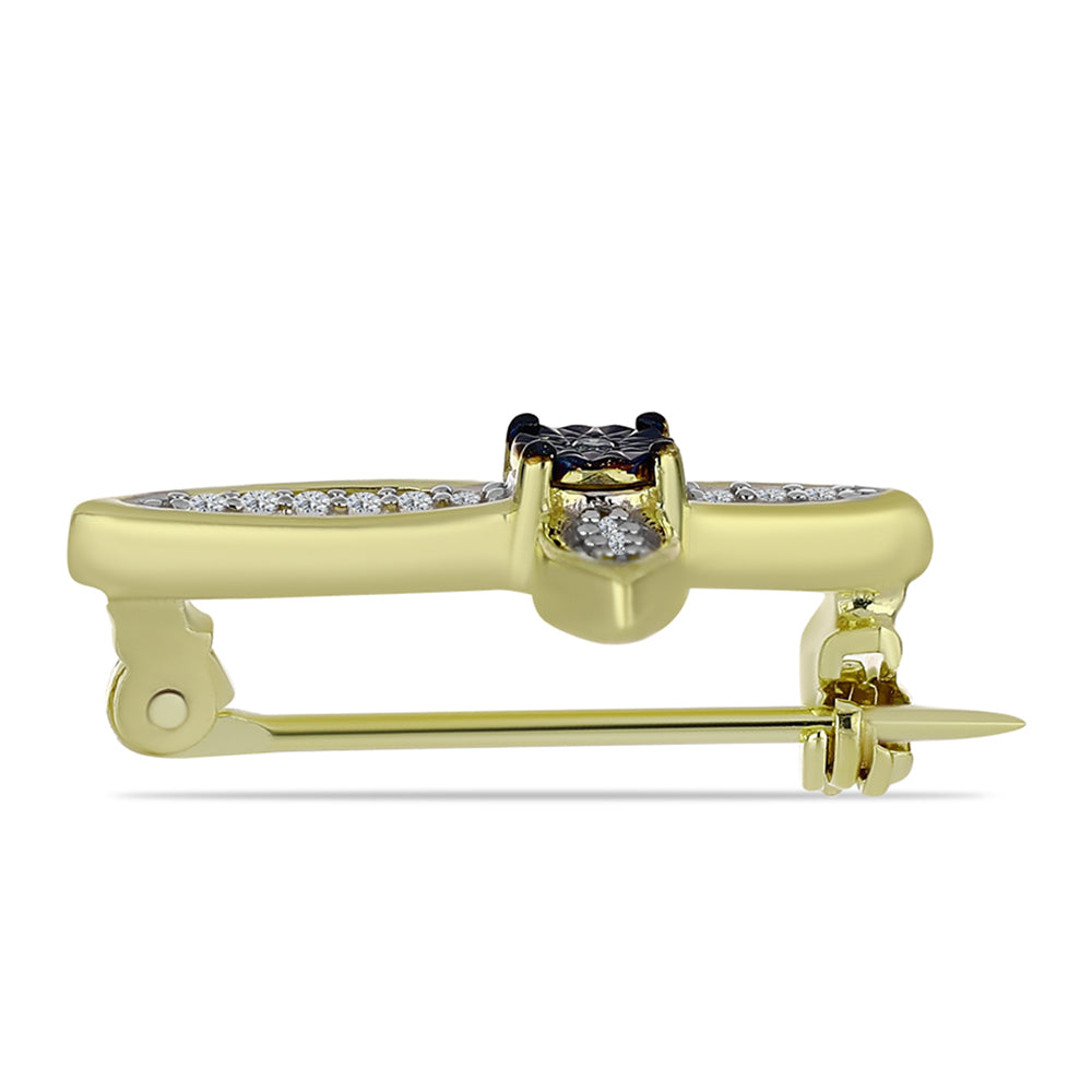 Pozlacené Stříbro 925/1000 - Brož s Modrým Diamantem a Bílým Topazem - Karátové číslo: 0.11. přibližná hmotnost: 2.34 gramů