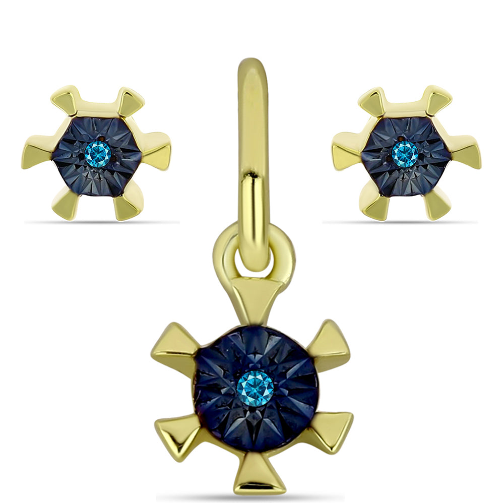 Pozlacené Stříbro 925/1000 - Sada s Modrým Diamantem - Karátové číslo: 0.02. přibližná hmotnost: 1.75 gramů ( Náušnice+Přívěsek )