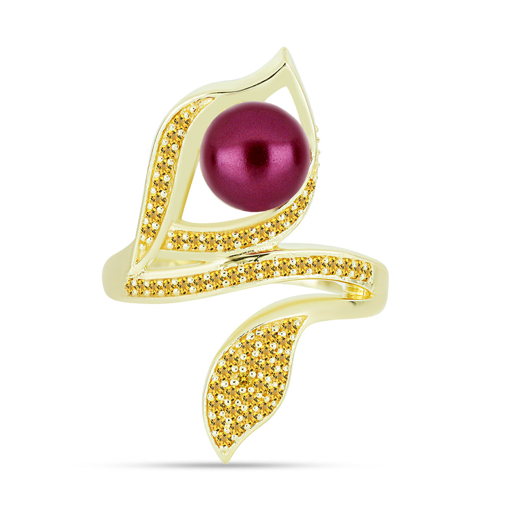 Pozlacené Stříbro 925/1000 - Prsten s Fialová Sladkovodní Perlou a Uralským Citrínem - Karátové číslo: 2.91. přibližná hmotnost: 6.32 gramů 1 