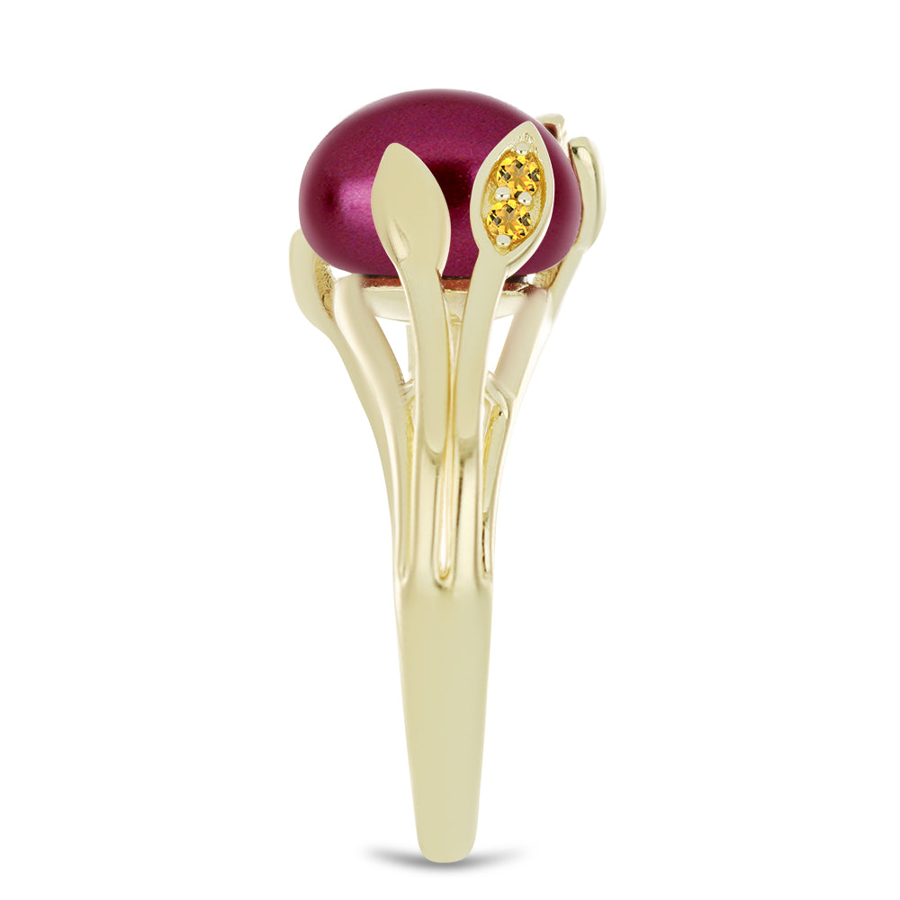 Pozlacené Stříbro 925/1000 - Prsten s Fialová Sladkovodní Perlou a Uralským Citrínem - Karátové číslo: 4.36. přibližná hmotnost: 3.85 gramů