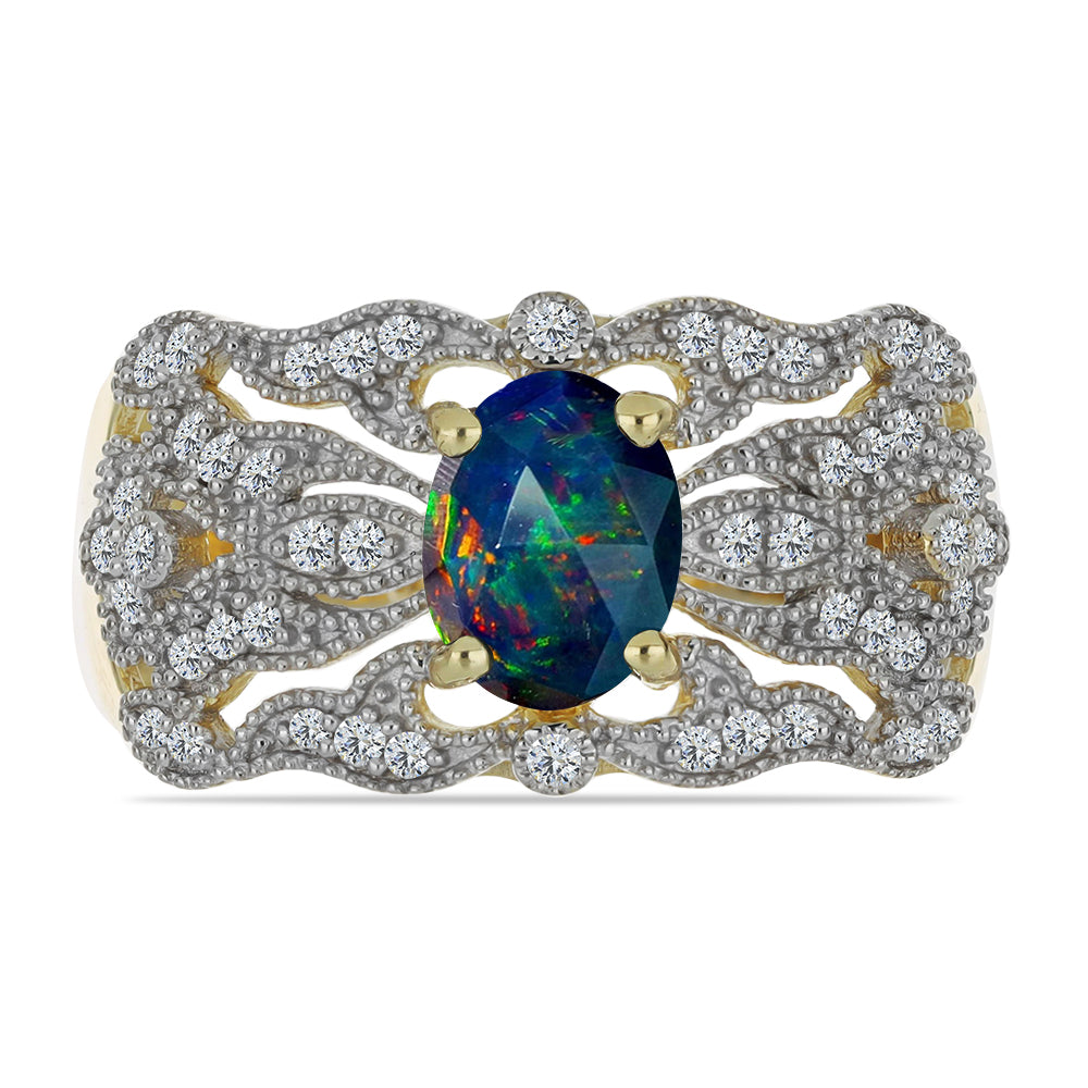 Pozlacený Stříbrný Prsten s Půlnočně Černým Etiopským Opálem z Lega Dembi a Bílým Topazem