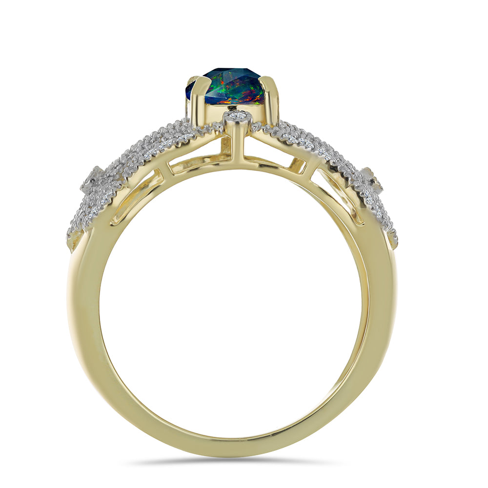 Pozlacený Stříbrný Prsten s Půlnočně Černým Etiopským Opálem z Lega Dembi a Bílým Topazem 2 